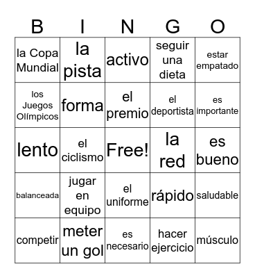 Spanish Vocabulary  Bingo Card