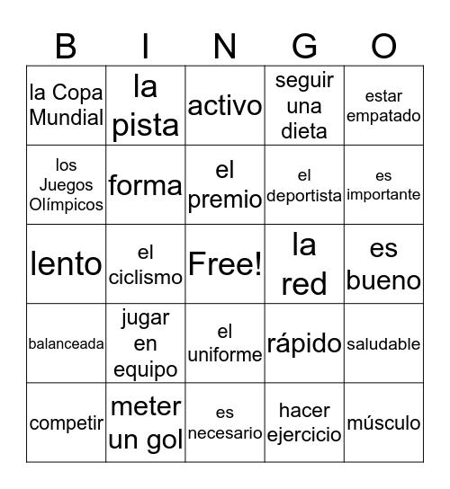 Spanish Vocabulary  Bingo Card