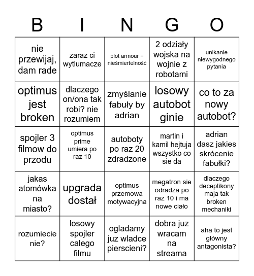 transfoermssr Bingo Card