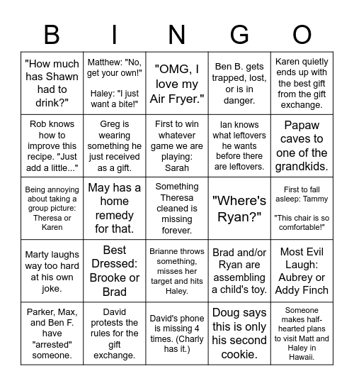 Cornelison Family Christmas Bingo Card