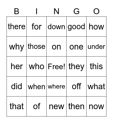 Sight Words 1 Bingo Card