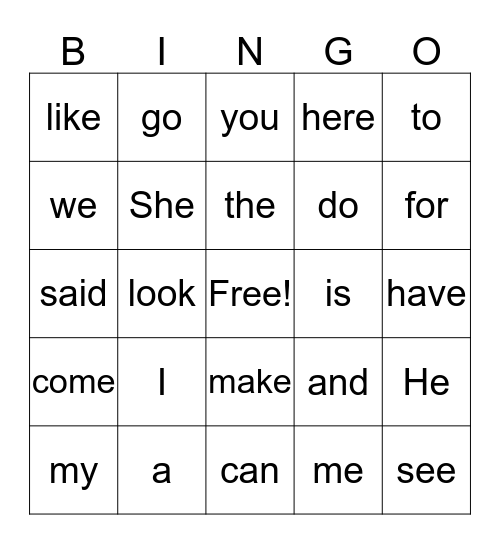 Popcorn Words Bingo Card