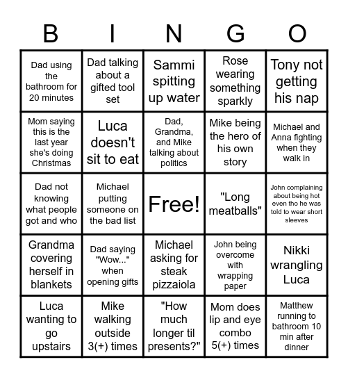 Marie Family Christmas 2022 Bingo Card