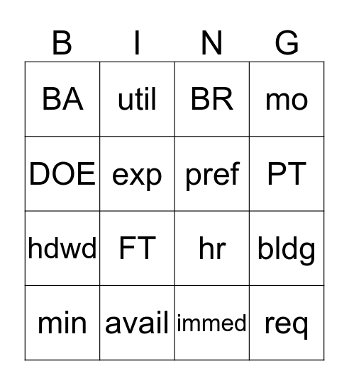 Ad Abbreviations Bingo Card