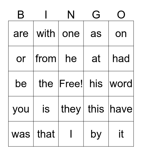 Sight words Bingo Card