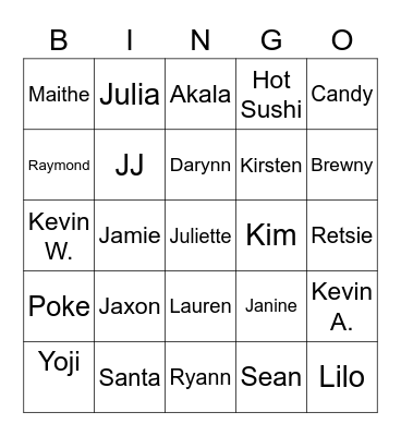 Arai/Harispe/Wong Family Christmas Bingo Card