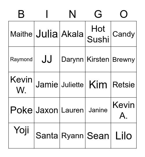 Arai/Harispe/Wong Family Christmas Bingo Card