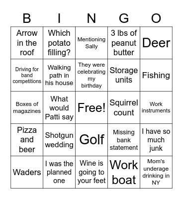 Holiday Dinner Bingo Card