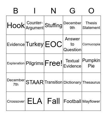 STAAR/Thanksgiving BINGO Card