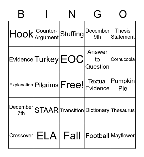 STAAR/Thanksgiving BINGO Card
