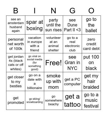 Imani's 2023 Bingo Card