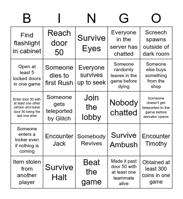 Roblox Doors Bingo (multiplayer lobbies) Bingo Card