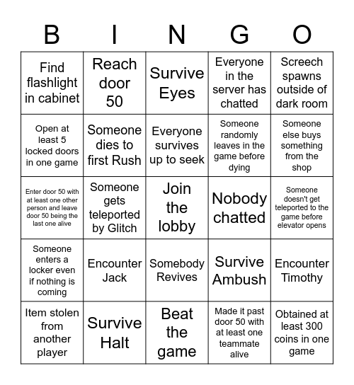 Roblox Doors Bingo (multiplayer lobbies) Bingo Card