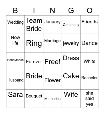 Sara's Bridal Shower Bingo Card