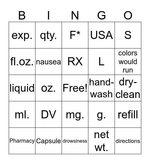 Labels Bingo Card