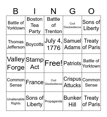 Revolutionary Era Bingo Card