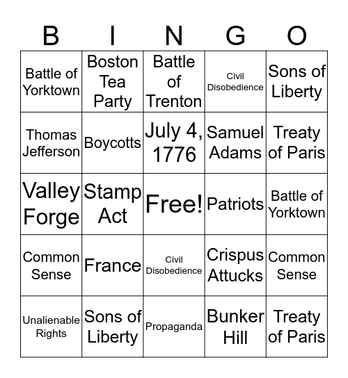 Revolutionary Era Bingo Card