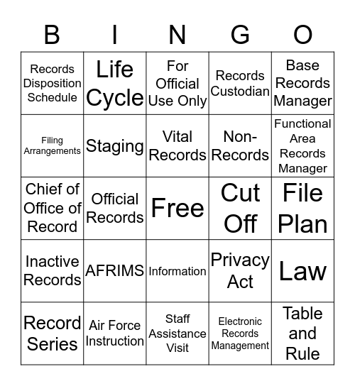 Records Management Bingo Card