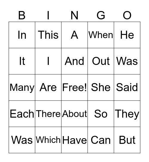 Sight Word Bingo Card