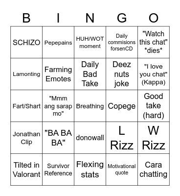 FCJ Stream Bingo Card