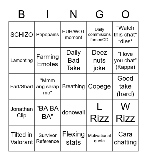FCJ Stream Bingo Card