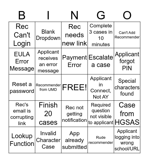 EUS Team Bingo! Bingo Card