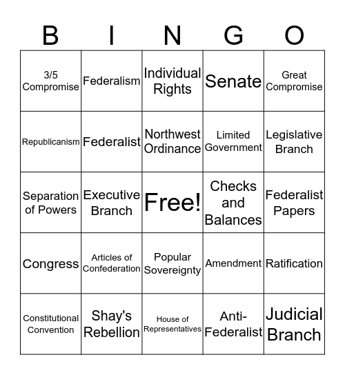 Constitutional Era Bingo Card