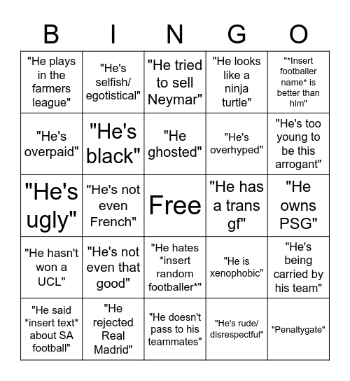 Things Mbappe Haters Say Bingo Card