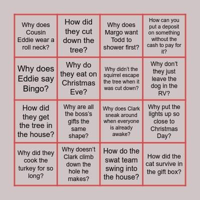 the “You’re ruining Christmas Vacation” Bingo game Bingo Card
