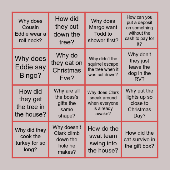 the “You’re ruining Christmas Vacation” Bingo game Bingo Card