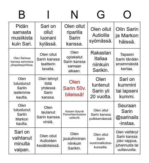 Sarin synttäribingo Card