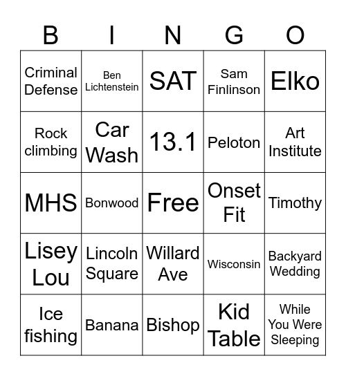 Finlinson Fam 2023 Bingo Card