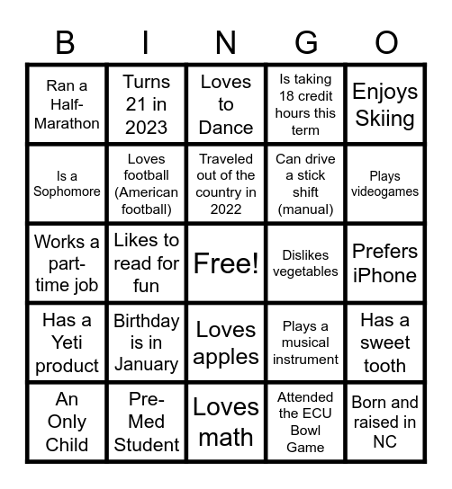 Get To Know You BINGO Card