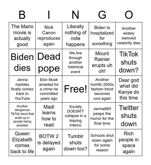 Uh oh Bingo Card