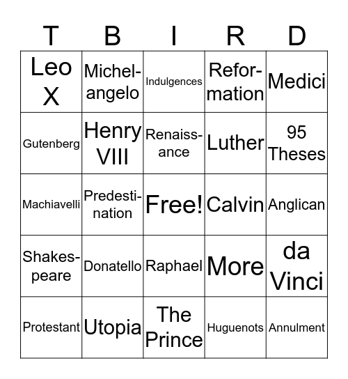 Renaissance and Reformation Bingo Card