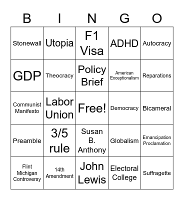 Public Policy Bingo Card