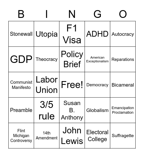 Public Policy Bingo Card