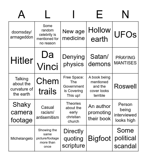 Conspiracy Theory Movie Bingo Card
