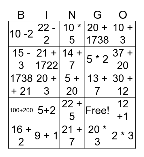 Math bingo Card
