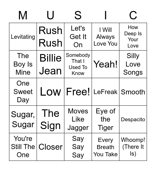 Greatest Hits Of All Time Bingo Card