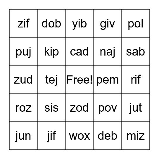 Nonsense Words Bingo Card