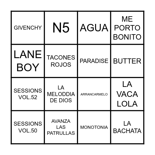 BINGO DE CANCIONES Bingo Card