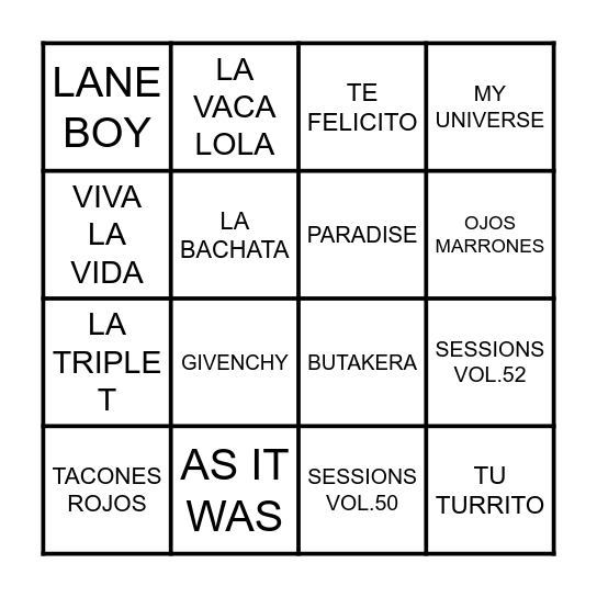 BINGO DE CANCIONES Bingo Card