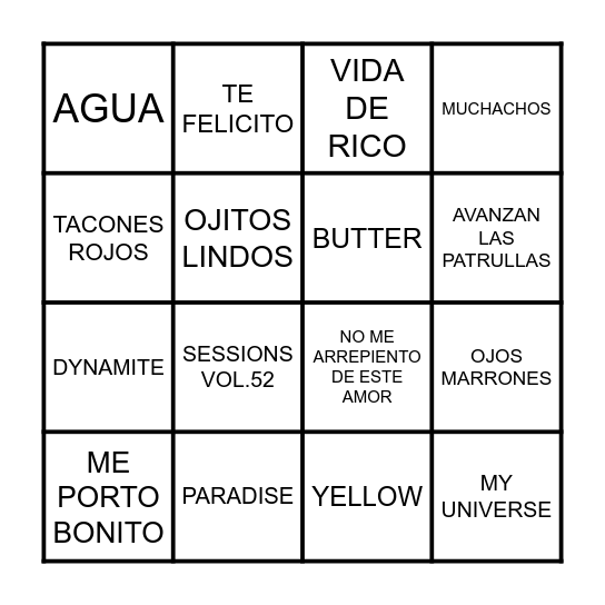 BINGO DE CANCIONES Bingo Card