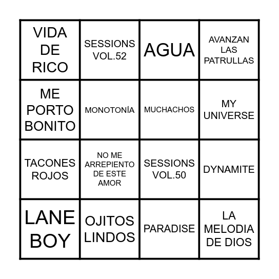 BINGO DE CANCIONES Bingo Card