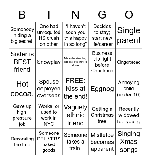 Hallmark Holiday Movie Bingo Card