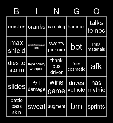 fortnite bingo Card