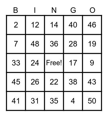 BING NUMBER Bingo Card