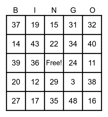 BINGO NUMBER Bingo Card