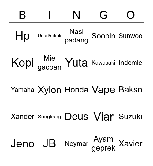 Yuta Bingo Card